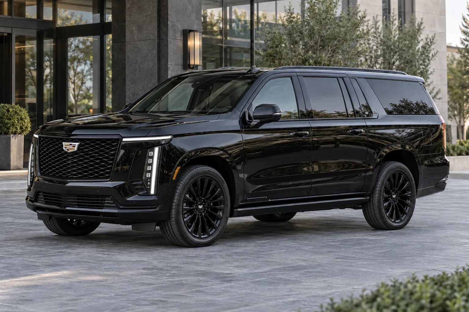 Black Cadillac Escalade outside a hotel, a prom limo Los Angeles vehicle option