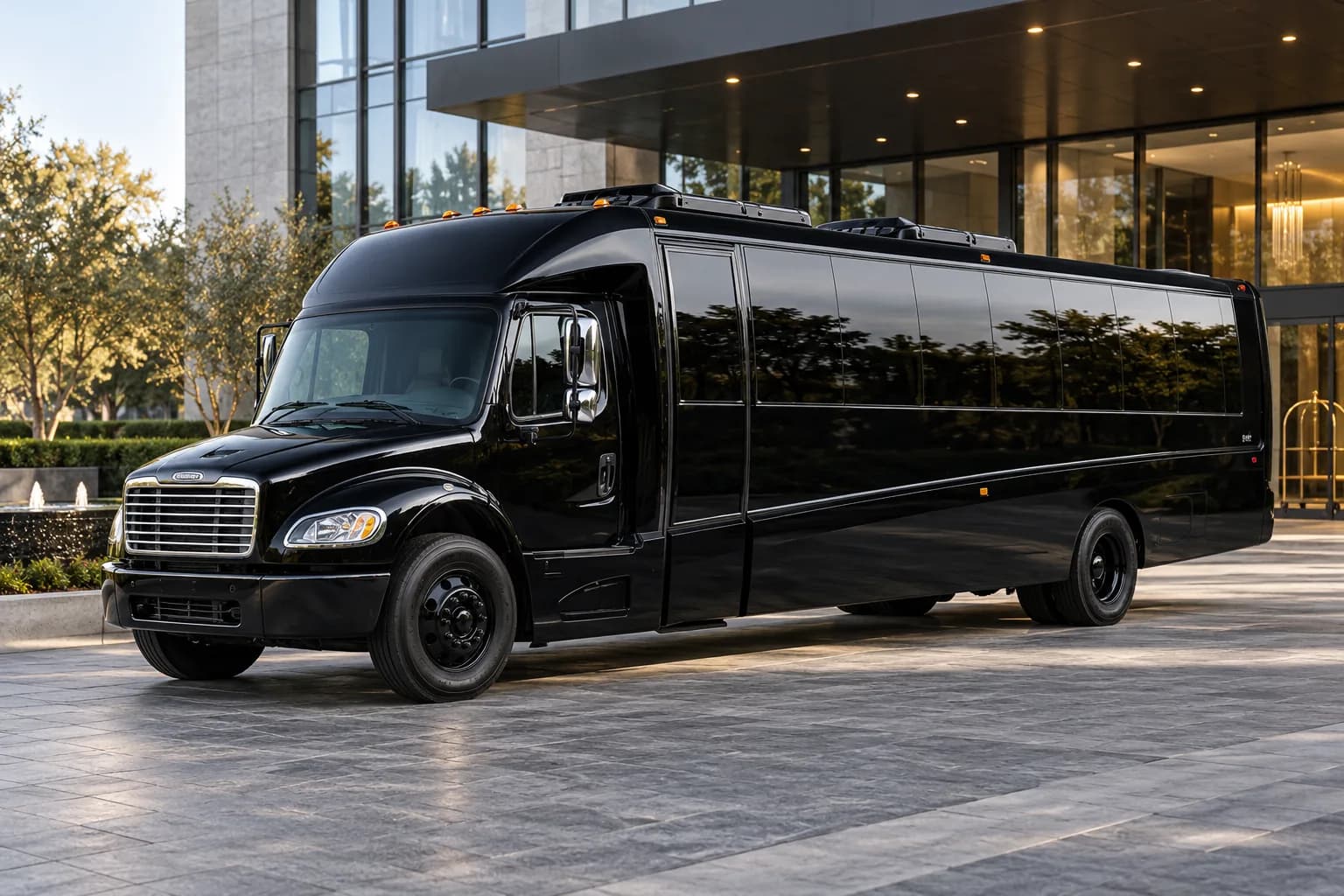 Black Grech GM40 Freightliner mini coach outside a hotel