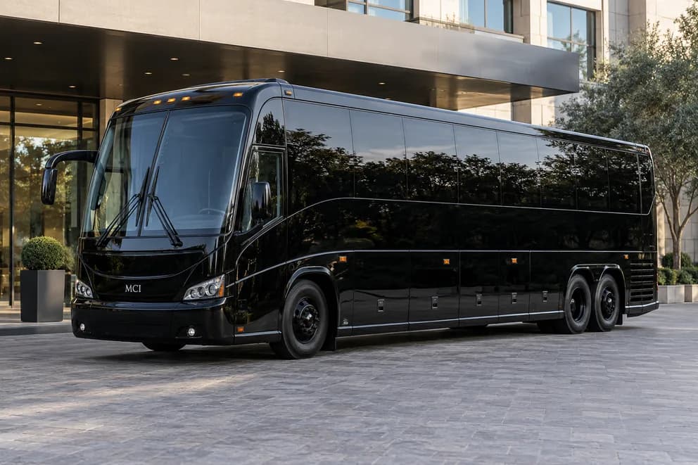 Black full-size motorcoach outside a hotel