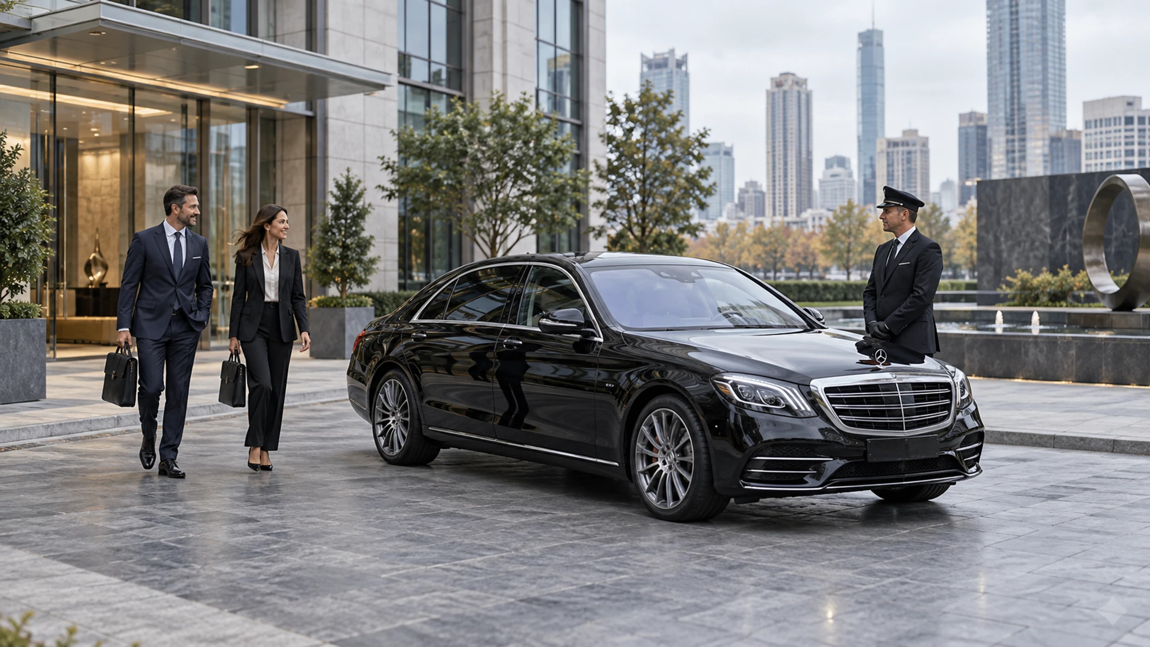Two business travelers with briefcases walking toward a chauffeur and a black sedan outside a tower
