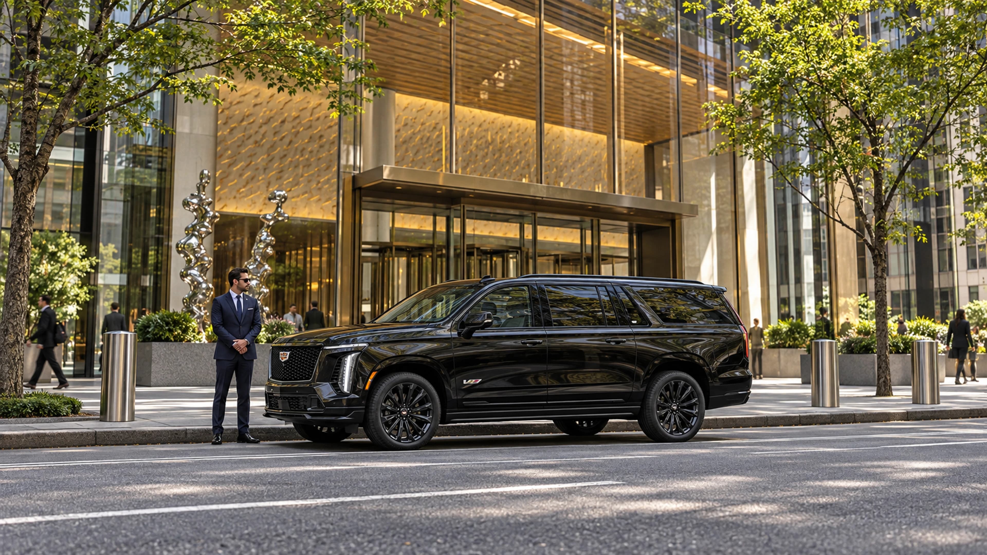 Chauffeur beside an executive SUV outside a building