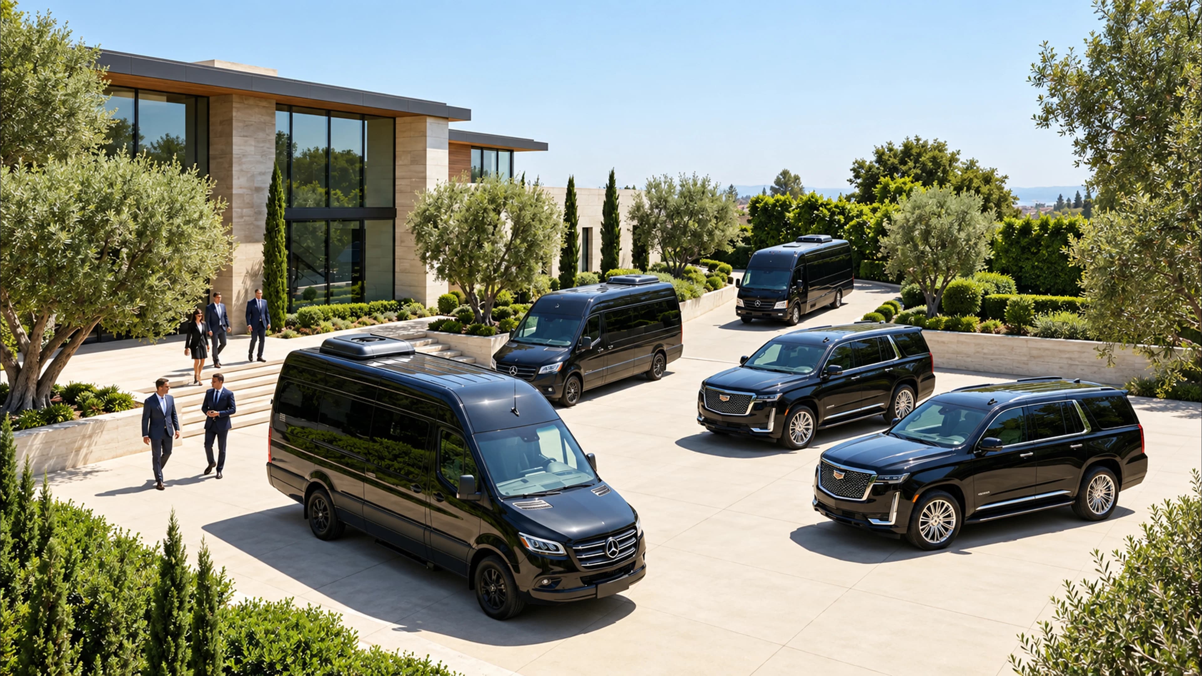 Sprinters and SUVs lined up on a venue forecourt