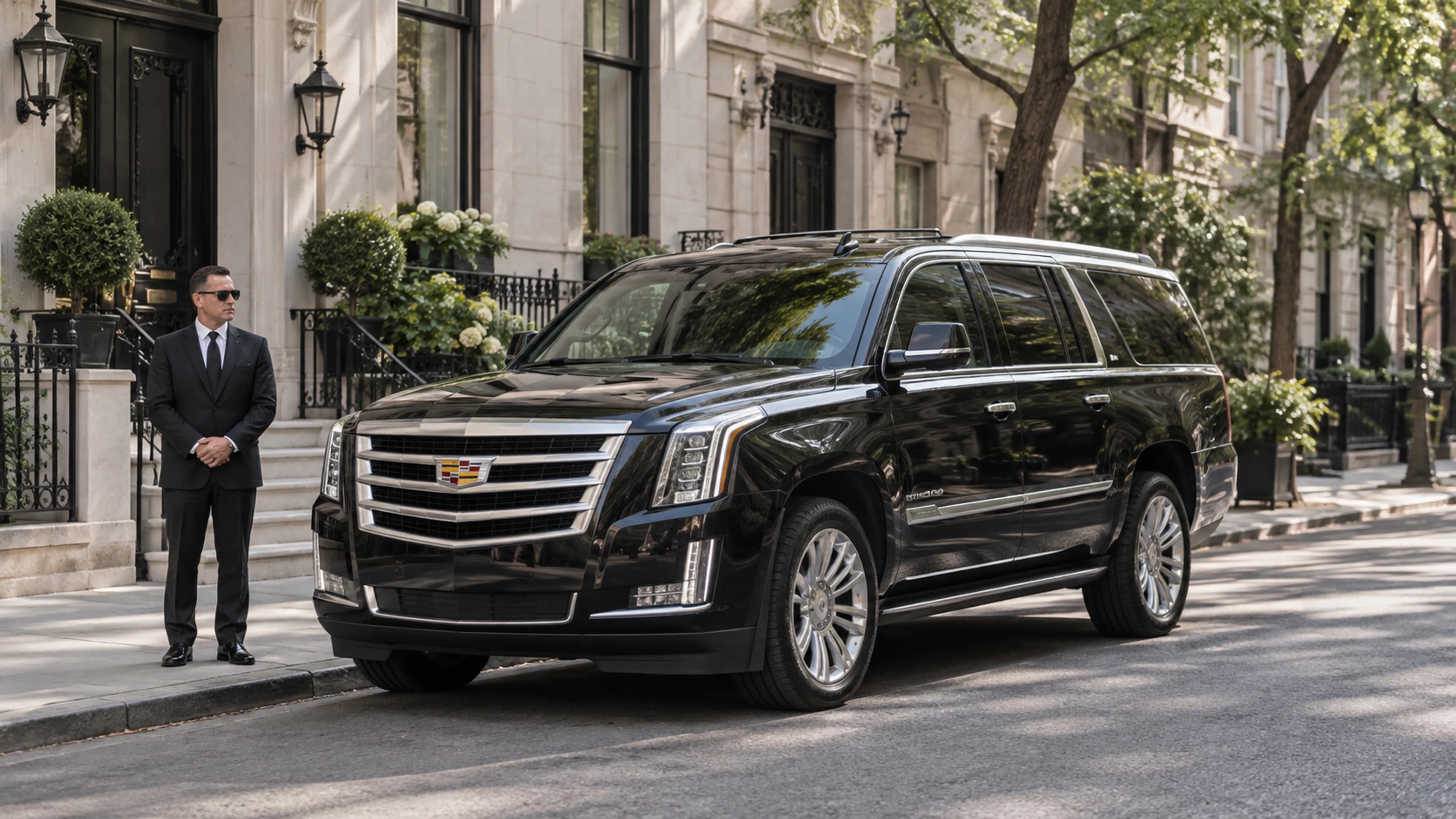 Chauffeur standing beside a black SUV outside a townhouse