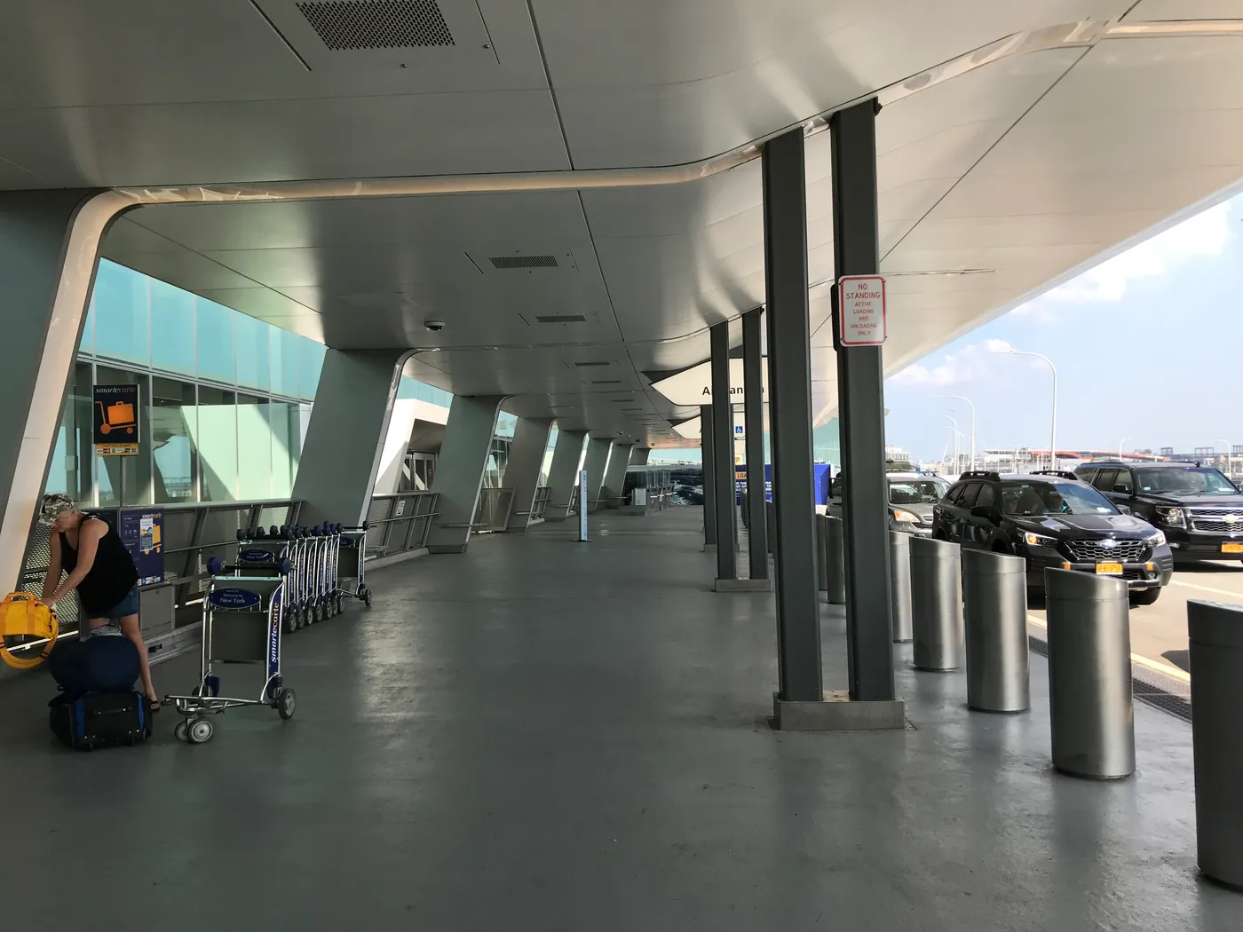 LaGuardia Terminal B departures walkway and curb, photographed in August 2021