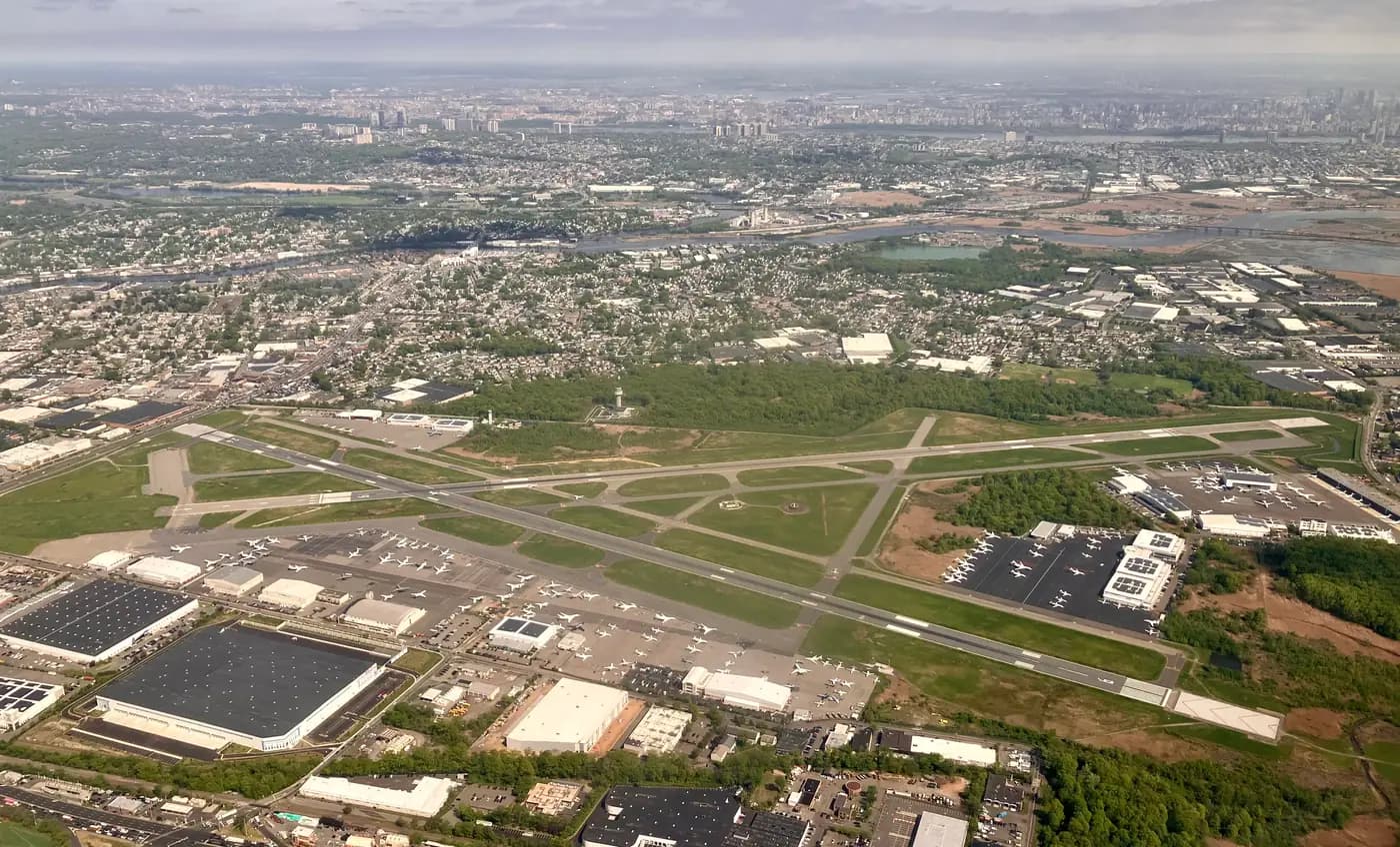 Aerial view of Teterboro Airport runways and surrounding buildings, photographed in May 2024