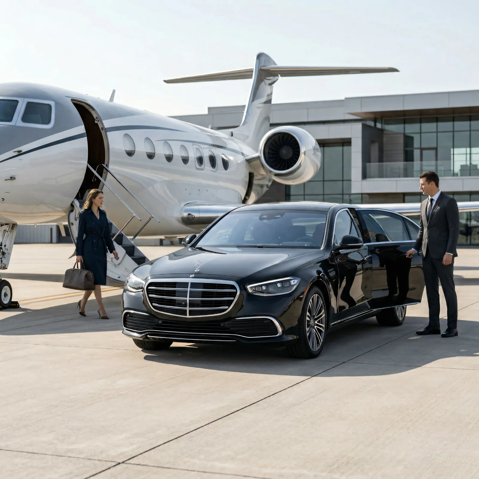 Chauffeur beside an SUV prepared for an airport transfer