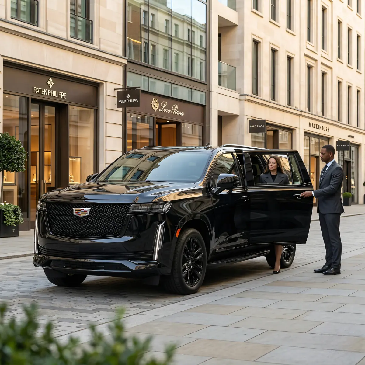 Chauffeur opening an SUV door for a traveler on a city street