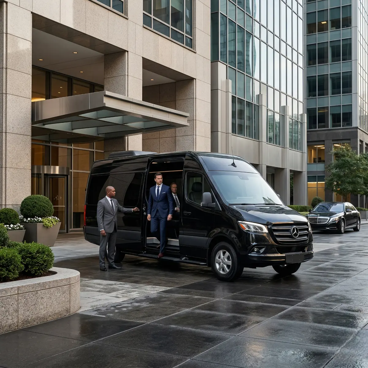 Executives arriving beside a chauffeured vehicle outside offices