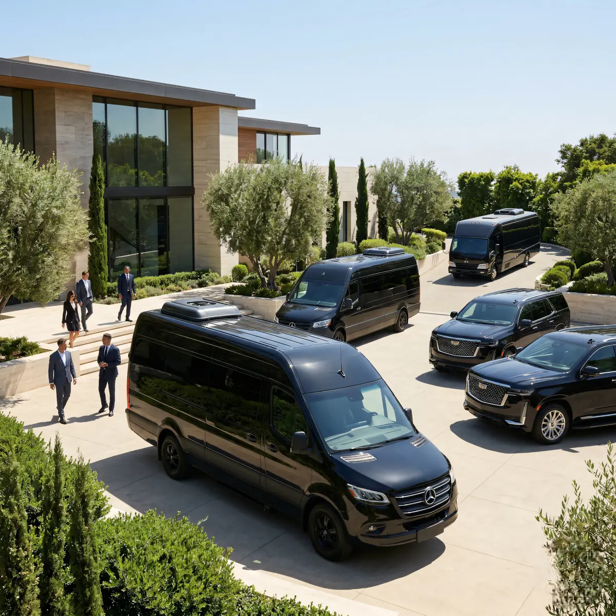 Chauffeured vans and SUVs outside an event venue