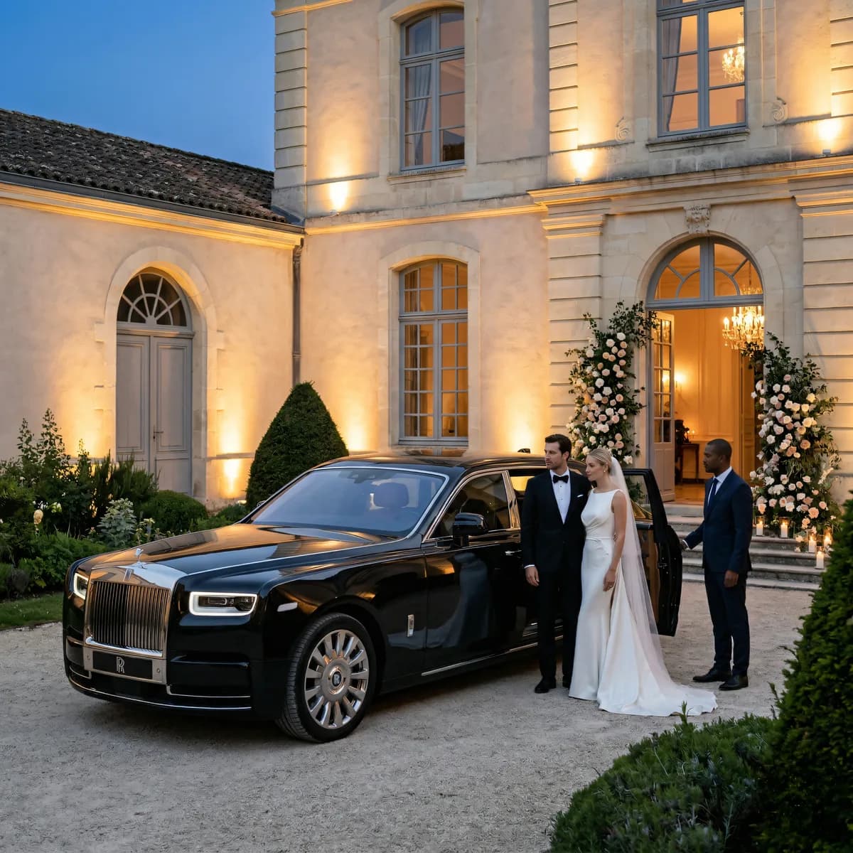 Wedding couple beside a chauffeured luxury car at a venue