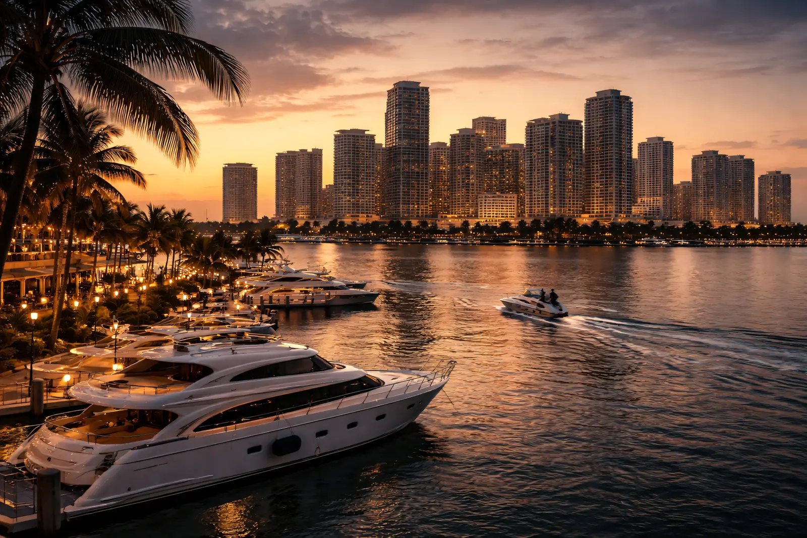 Miami waterfront skyline at sunset