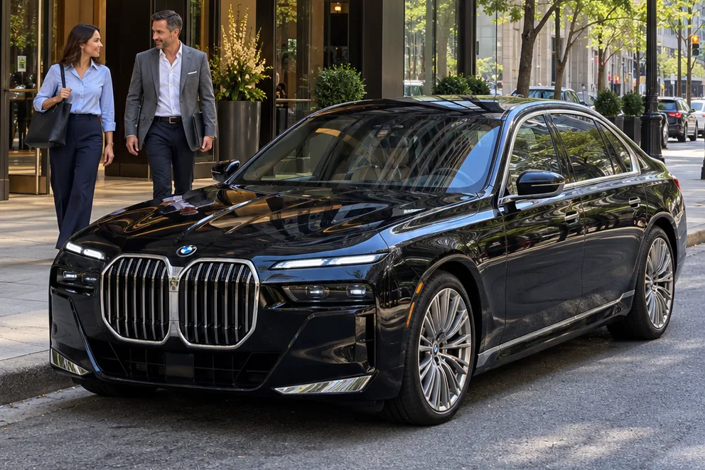Business travelers beside a black sedan at a building entrance