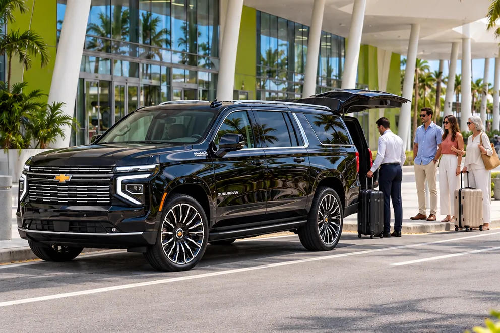 Travelers and luggage beside a black SUV at a cruise terminal