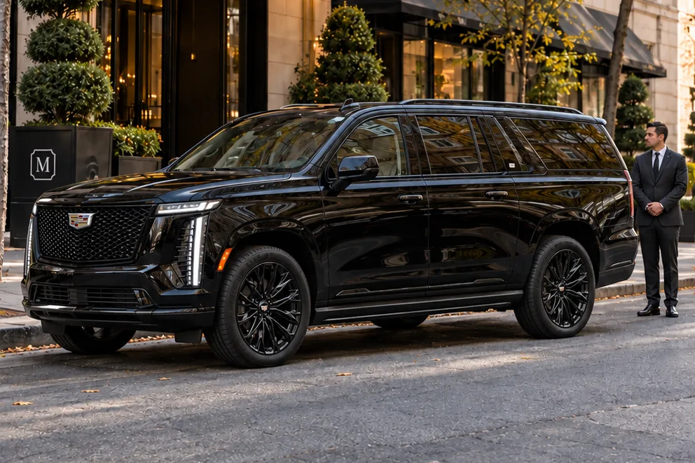 Chauffeur beside a black SUV outside a hotel