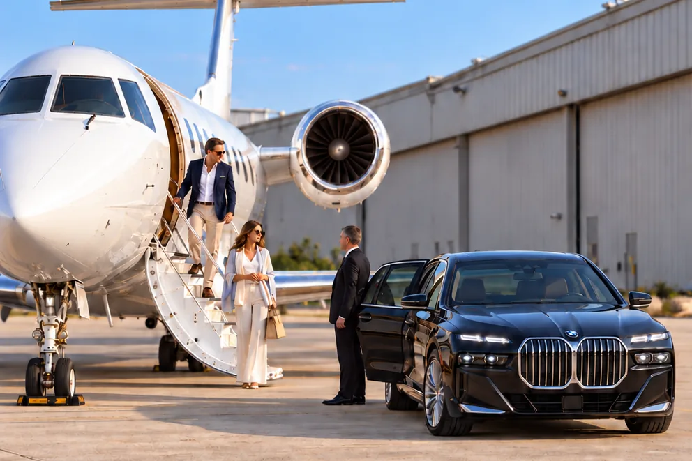 Travelers, a private aircraft and a chauffeur car