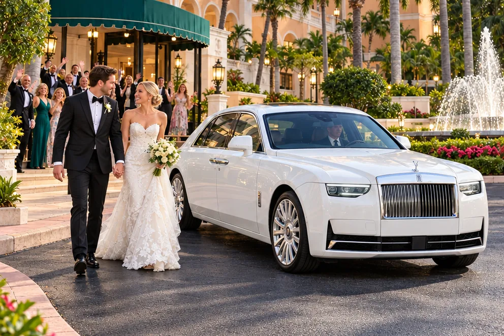 Wedding couple beside a white car at a venue